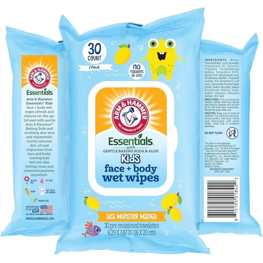 Arm & Hammer Kids Face and Body Wet Wipes - 30ct. Sea Monster Mango 🆕